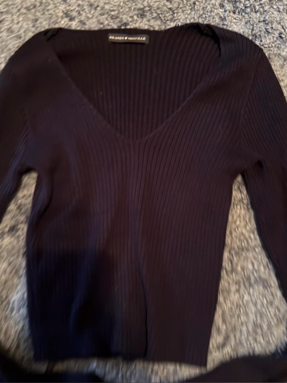 Brandy Melville Navy Blue Ribbed V-Neck Long Sleeve Top